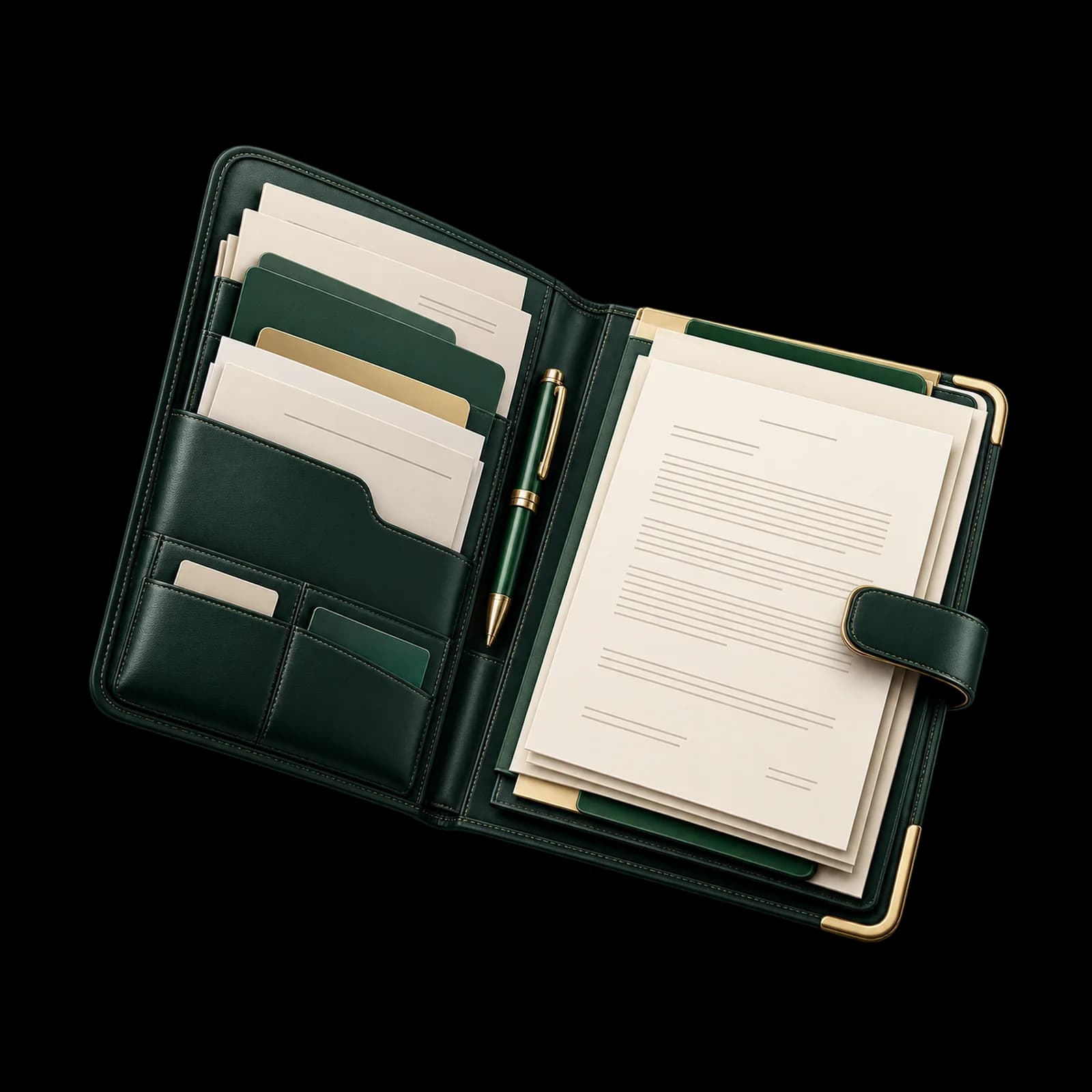 Documents, pen and an open legal folio
