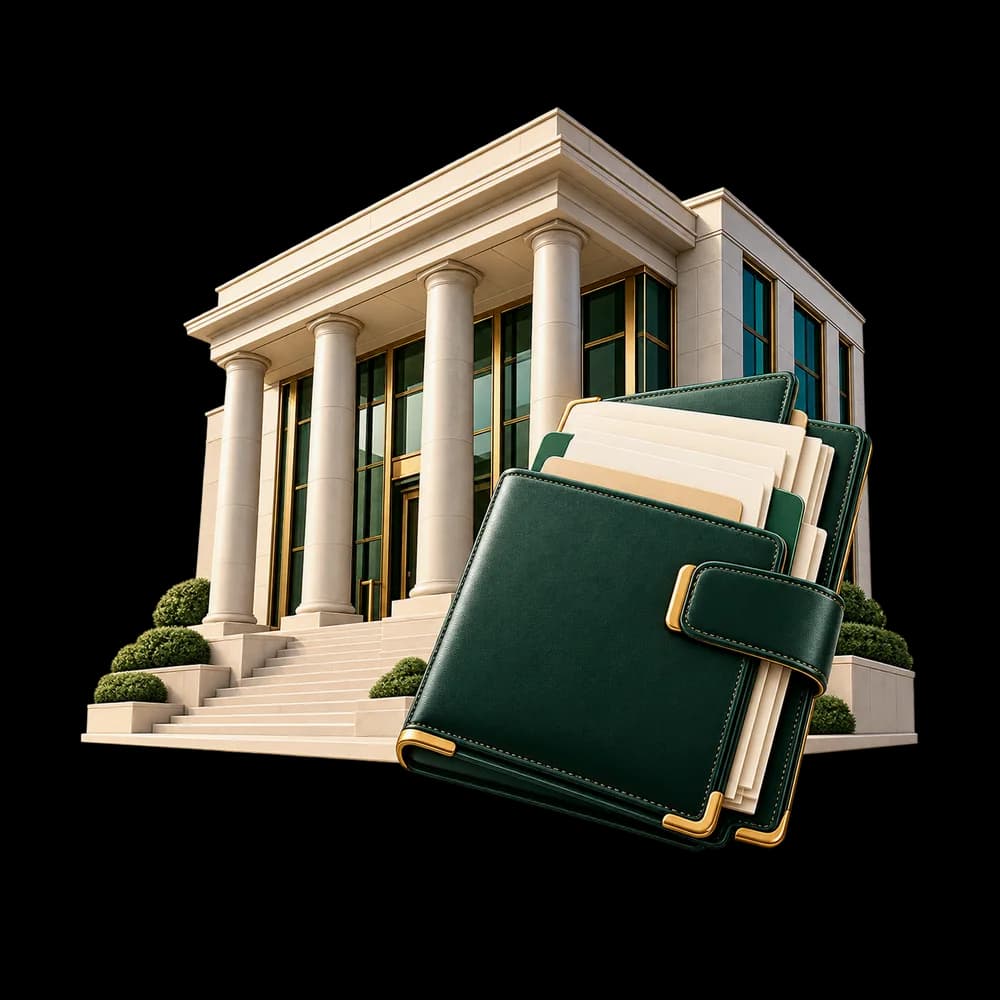 Illustration of a courthouse and case file